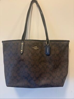 Coach Brown Signature Canvas Tote with Black Straps